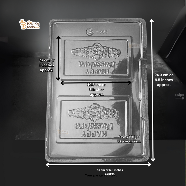Happy Dussehra Chocolate mould with dimensions labeled on a dark background